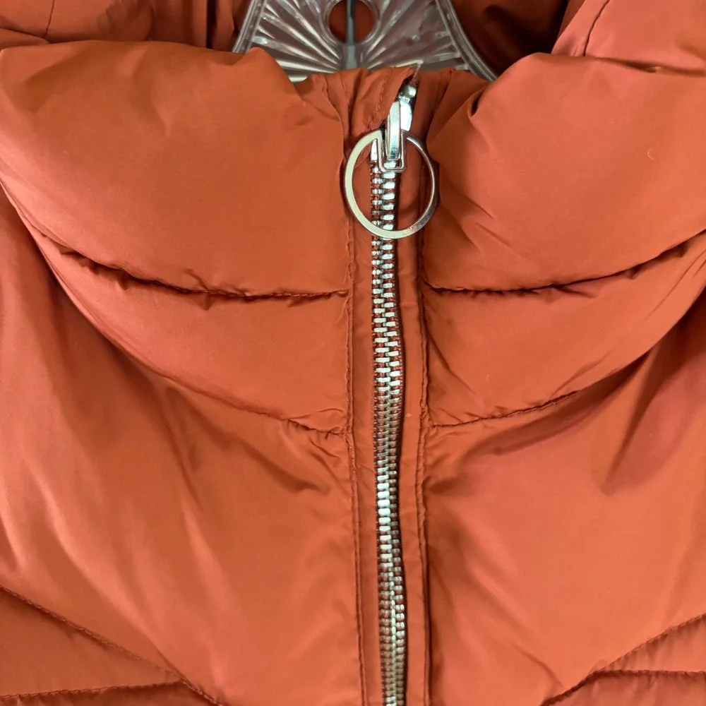 Bershka Puffer Jacket Kids Size S Orange Quilted Full Zip Stand Collar Warm Coat